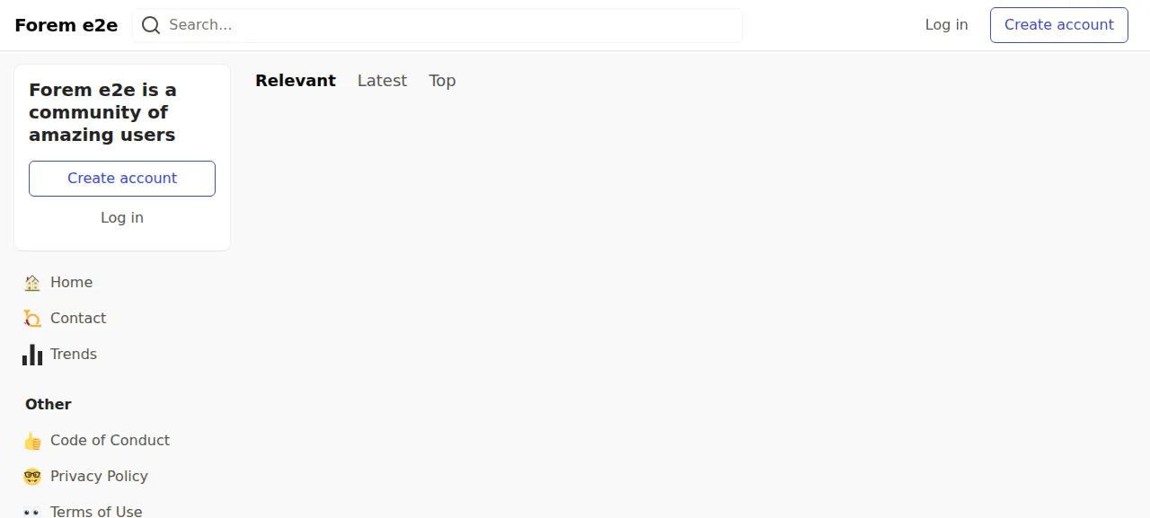 The Forem home page of the test community Forem e2e, signed out