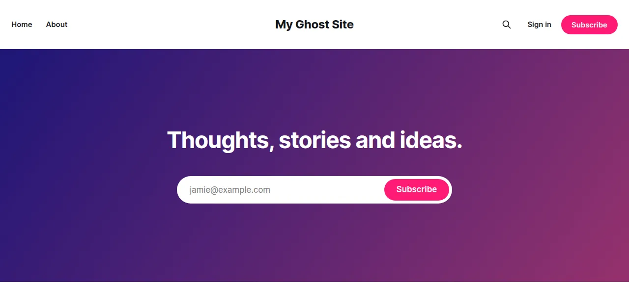 The public home page of the test Ghost site My Ghost Site
