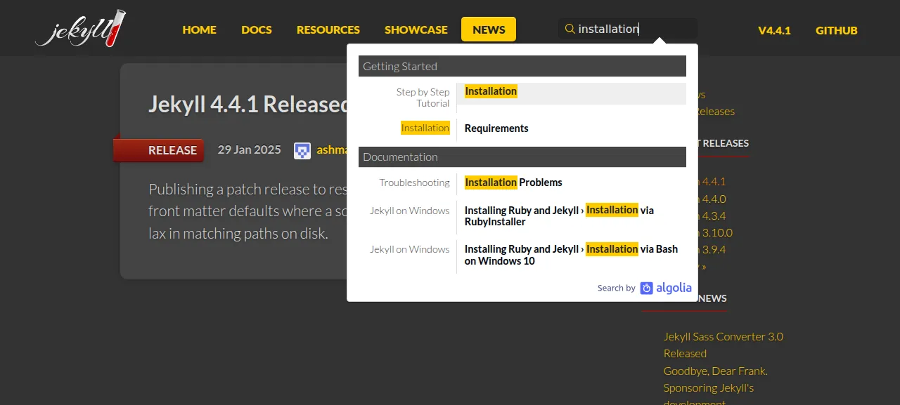 The Jekyll site search showing results for installation
