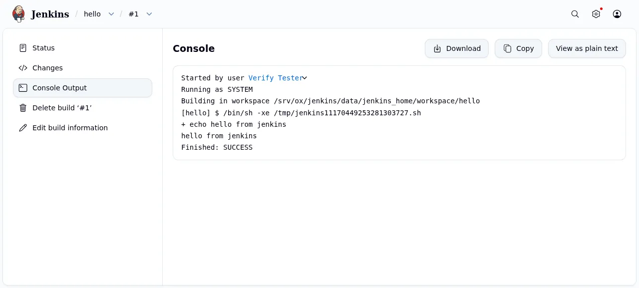 The Jenkins console output of build 1 of the job hello, ending in Finished: SUCCESS