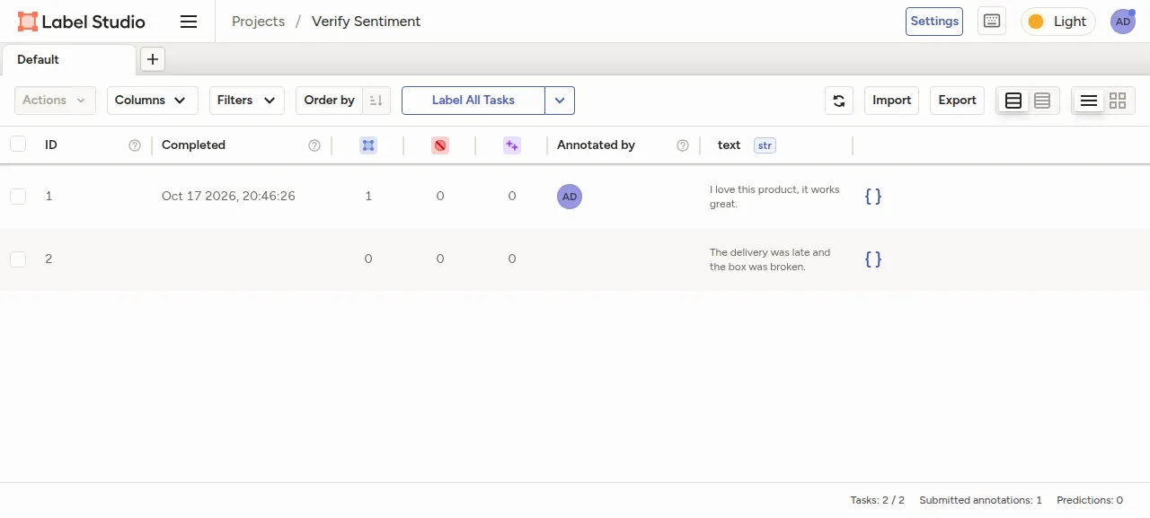 The Label Studio project Verify Sentiment with two imported tasks and one submitted annotation