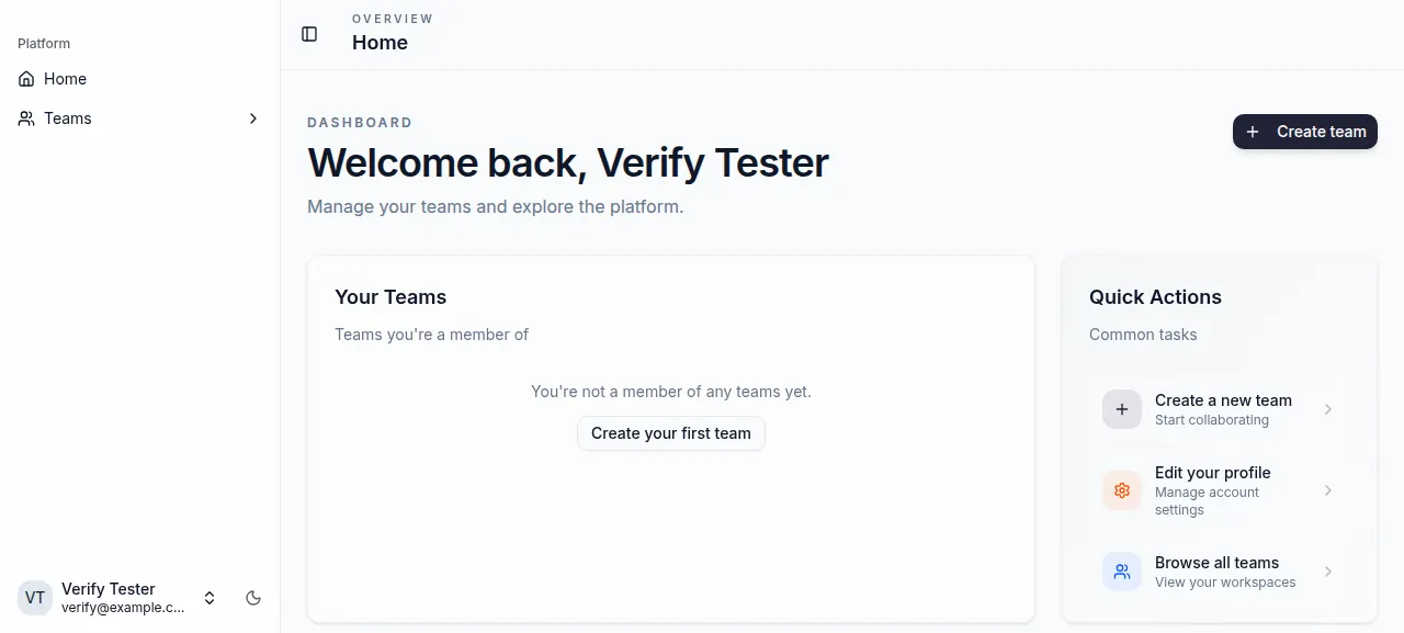 The Litestar Fullstack dashboard welcoming Verify Tester after signing in