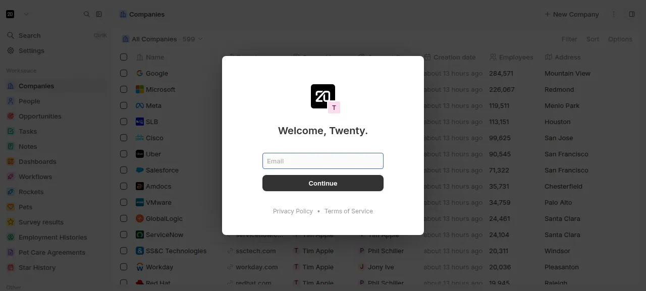 The Twenty sign-in dialog over its sample artwork